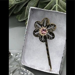 Pink Rhinestone Crystal Bobby pin Antique Bronze
